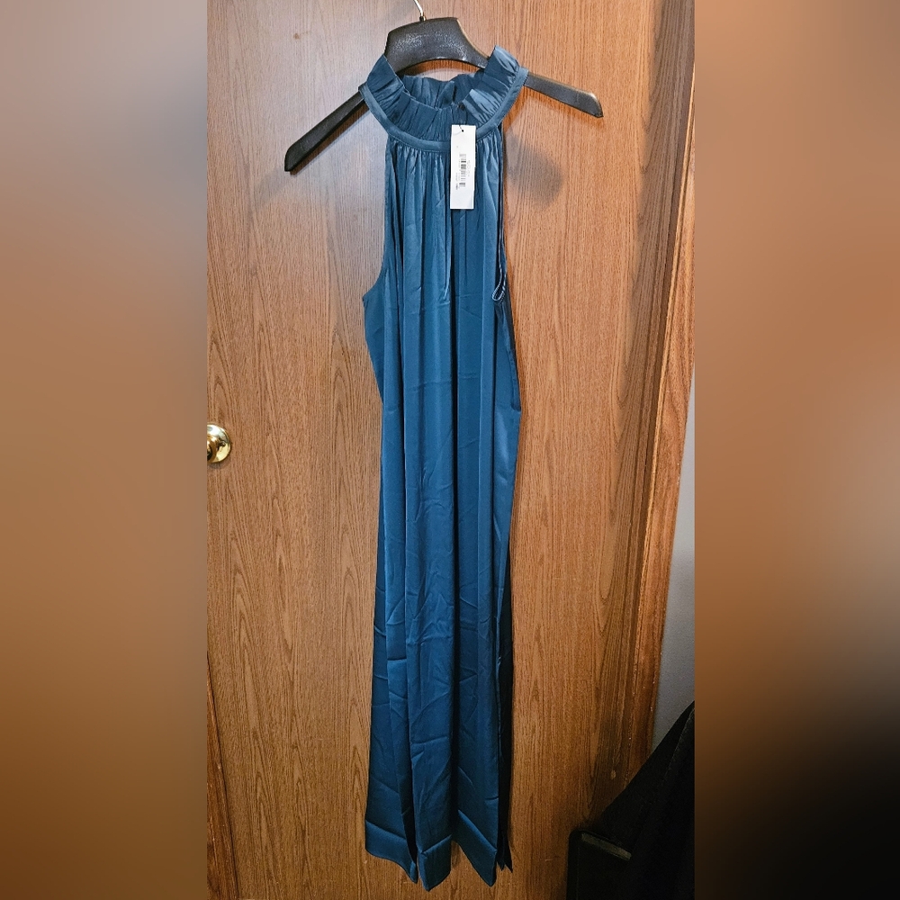 The Drop Womens Arlette Silky Stretch Halter Maxi Dress, Size Medium, Color Teal